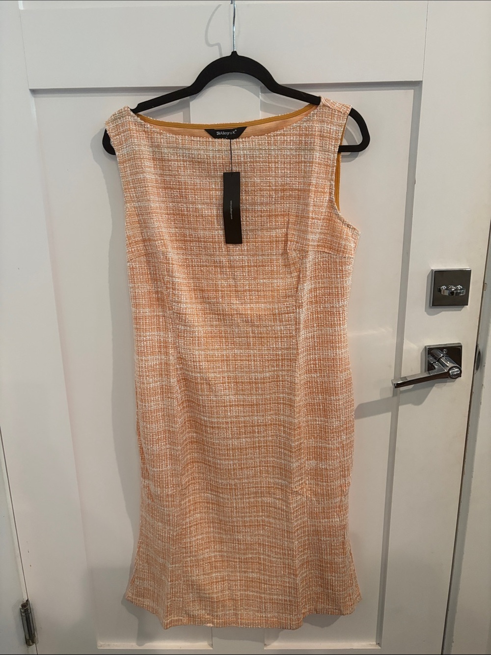 Allegra K Peach-White Tweed Midi Shift Dress